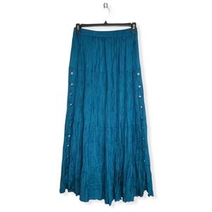 Western-style long teal skirt with silver tone buttons